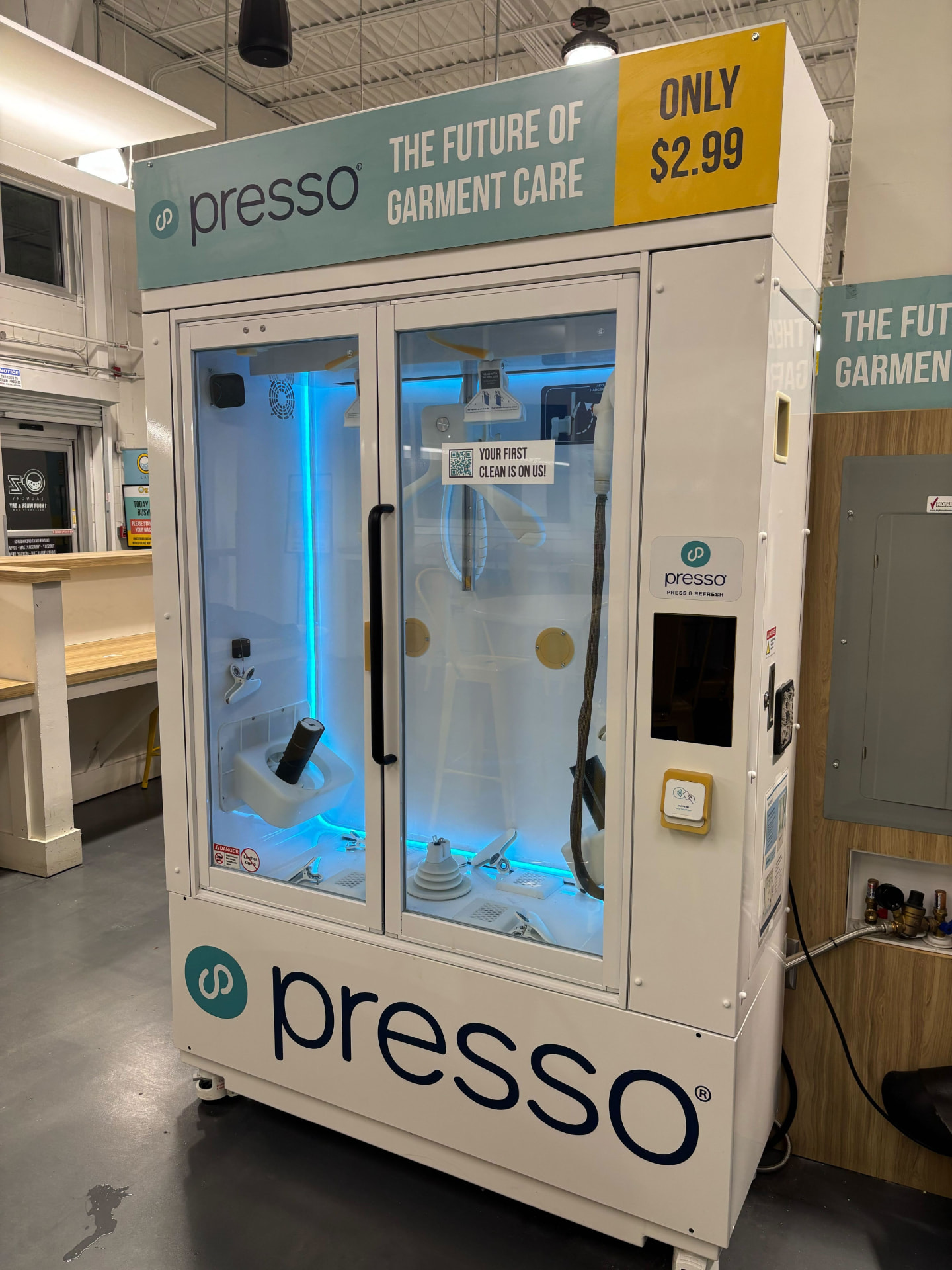 The Presso garment care machine on the floor at Oz Laundry in Decatur