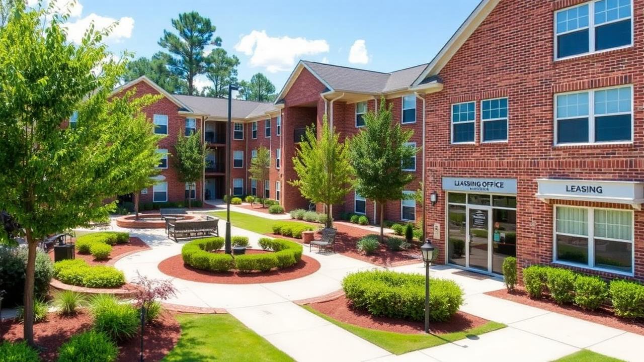 Apartment community leasing office and courtyard in Decatur, Georgia