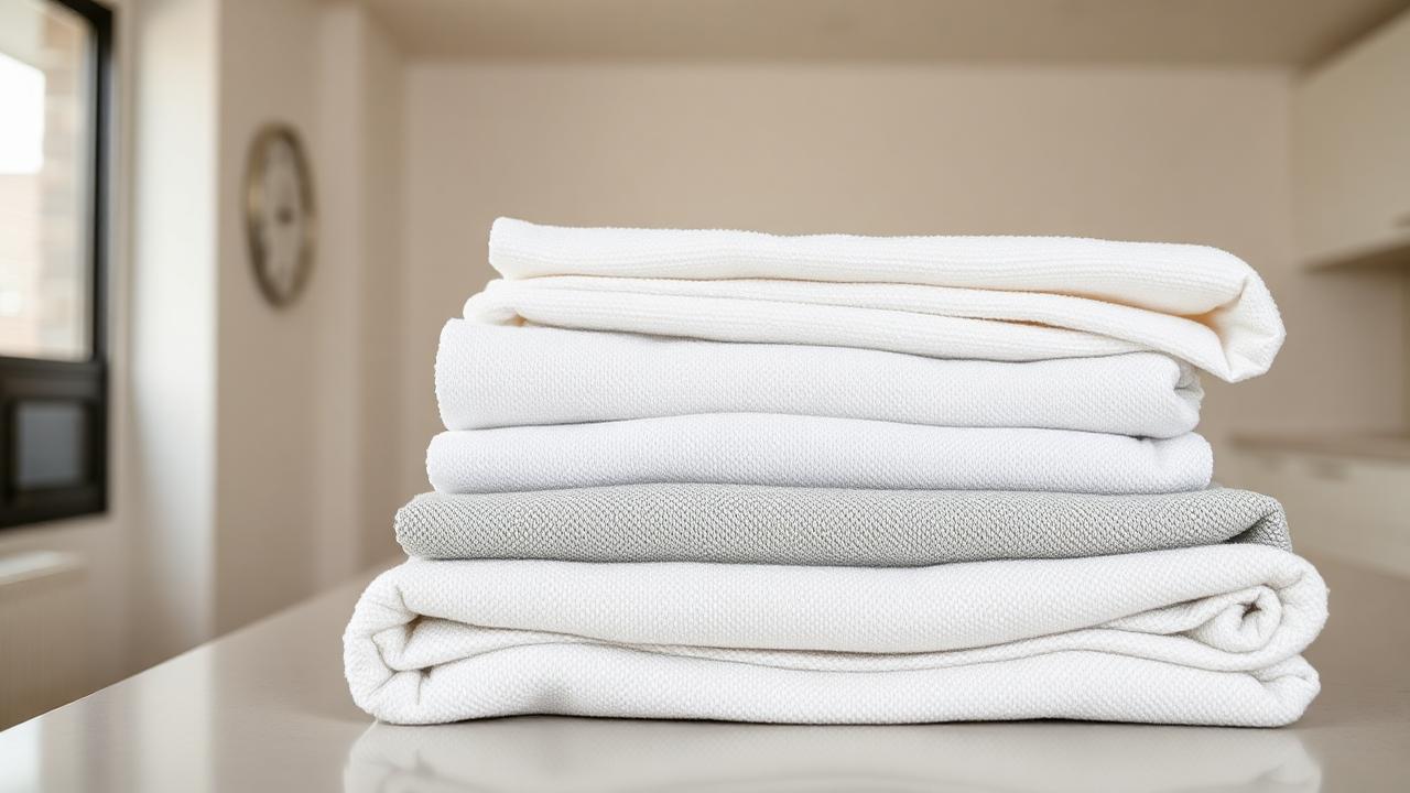 Folded linens and cleaning cloths ready for an apartment unit turn in Decatur