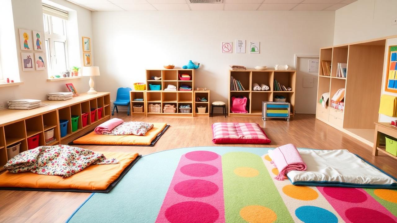 Bright daycare classroom with nap mats and cubbies in Decatur, Georgia