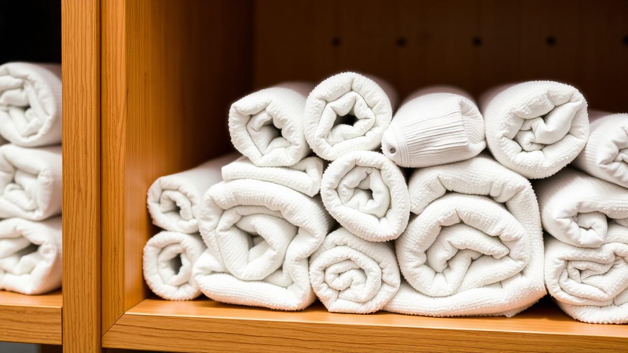Rolled and stacked clean gym towels at a Decatur fitness studio towel station