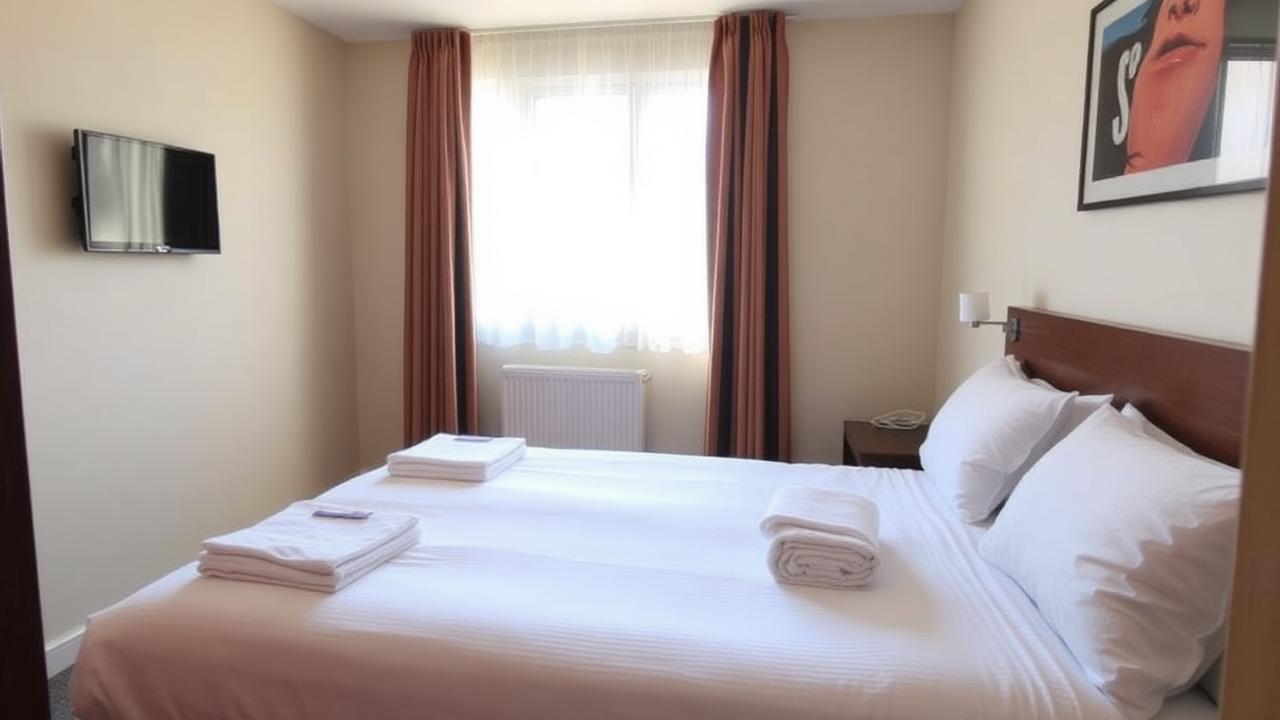 Hotel room with crisply made bed and folded towels near Decatur, Georgia