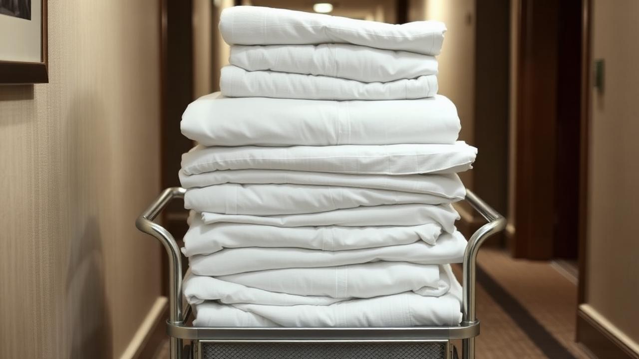Stacked white hotel sheets and bath towels on a housekeeping cart