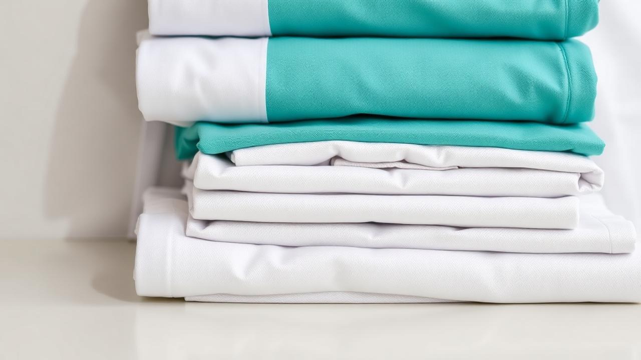 Folded medical scrubs, gowns and exam table linens for a Decatur clinic