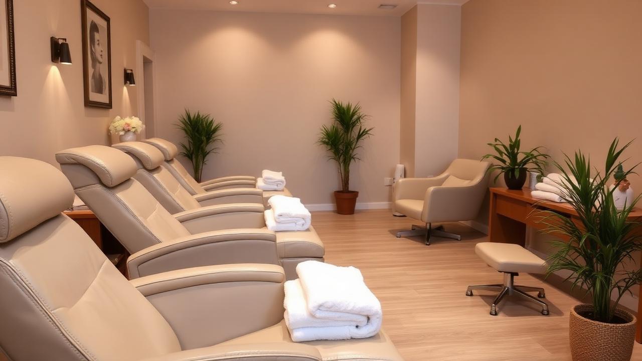 Calm nail salon and spa treatment room with pedicure chairs in Decatur