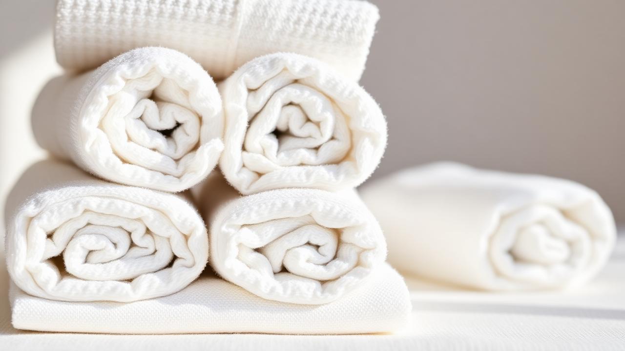 Rolled white spa towels and treatment linens for a Decatur nail salon