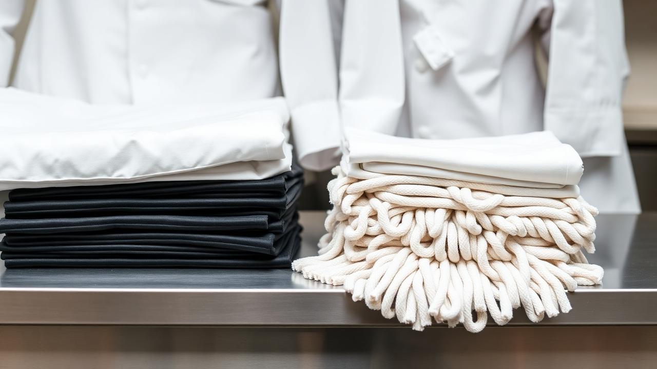 Stacked clean chef coats, aprons and kitchen towels for a Decatur restaurant