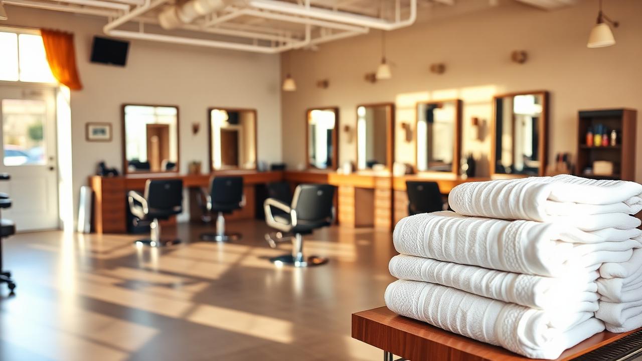 Bright salon floor with styling chairs and mirrors, Decatur salon laundry service