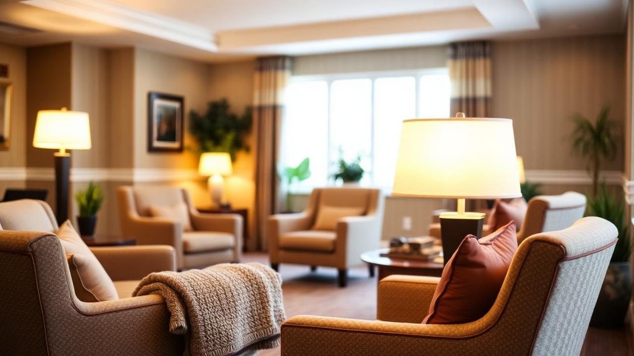 Warm assisted living common room with comfortable seating in Decatur, Georgia