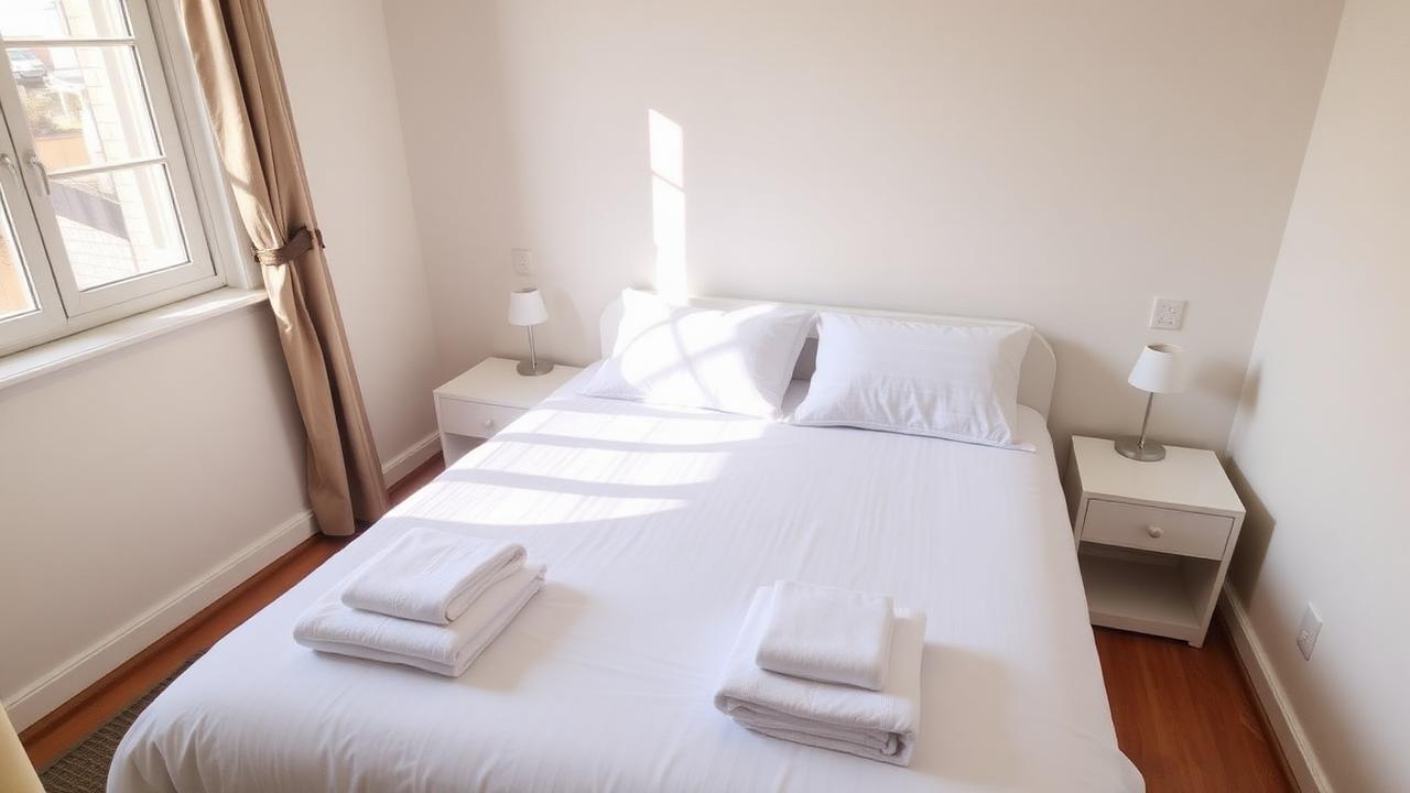 Freshly made short-term rental bedroom with crisp white linens near Decatur