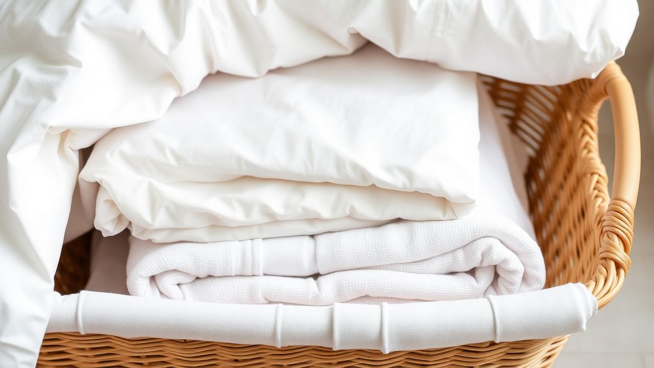 Neatly folded white sheets, duvet cover and bath towels for an Atlanta area rental turnover